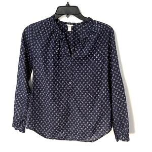 J. Crew navy blue + white v-neck cotton floral print tunic top long sleeve sz 0